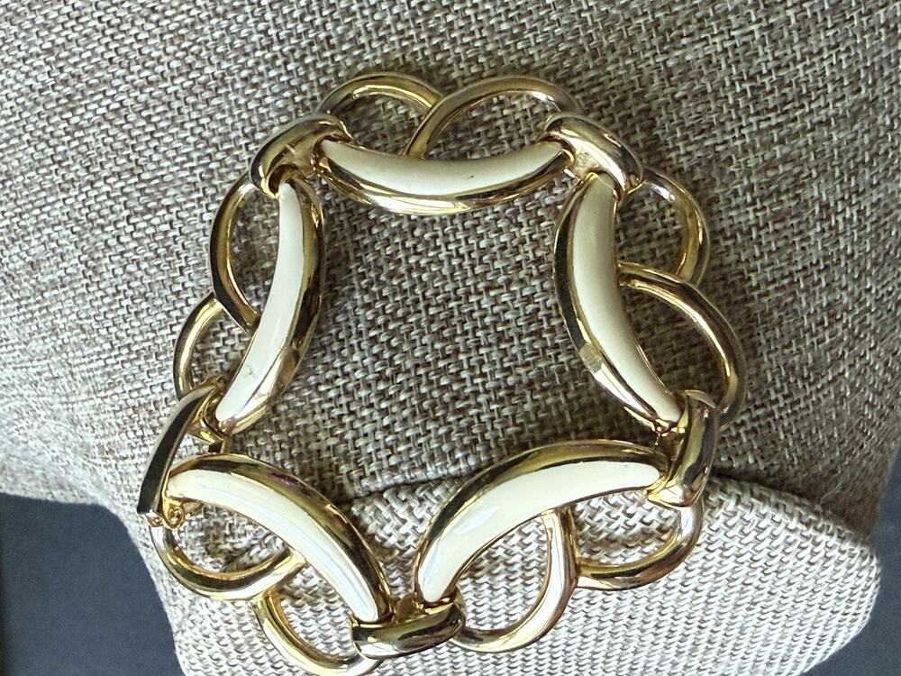 Vintage Enamel Link Bracelet Cream Gold Tone 80s 90s Y2k 8” Career Capsule
